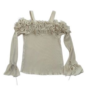 Kaelyn Max Tan Cold Shoulder Bell Sleeves Fringe Neck Blouse 3X